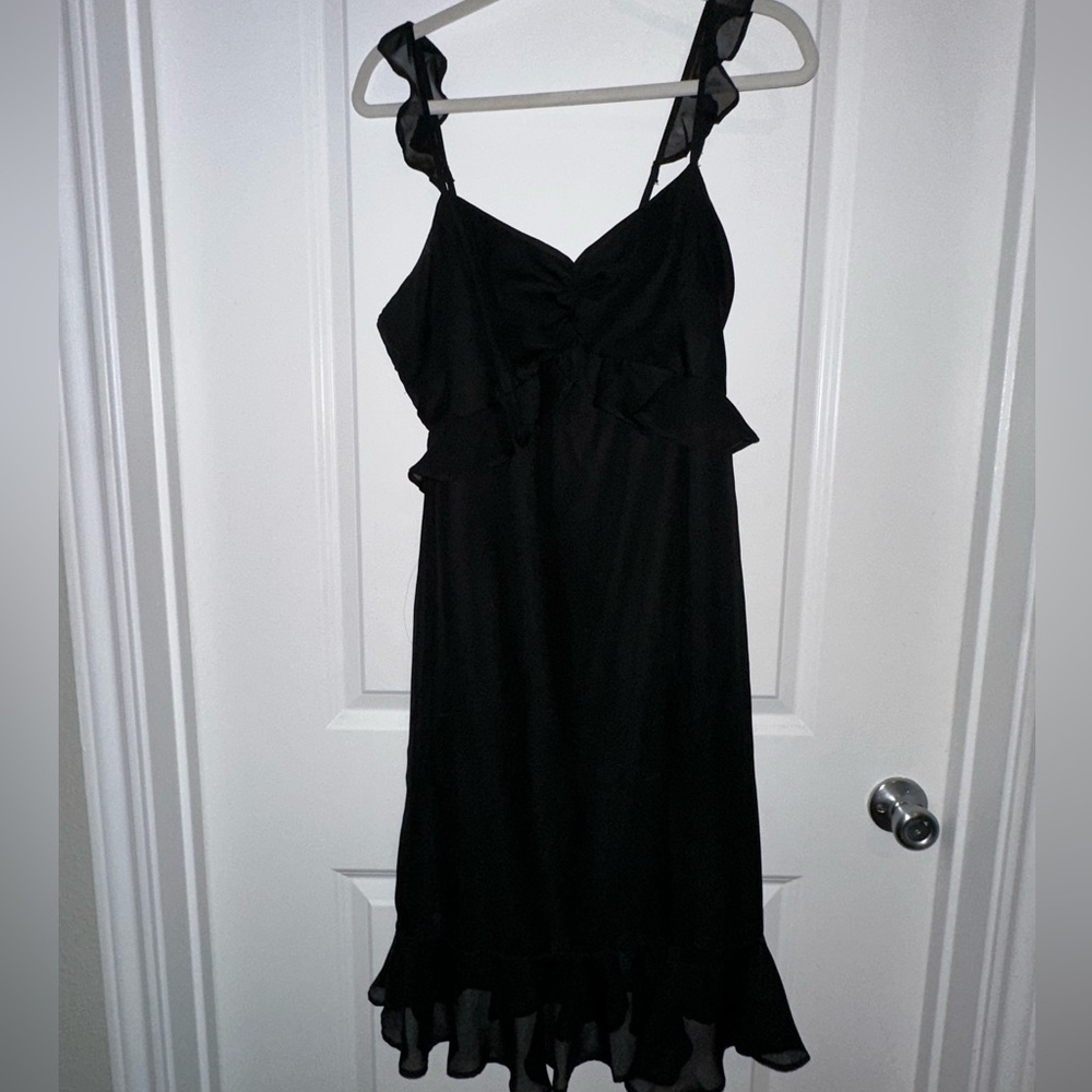 Lulus black ruffle wedding guest mini dress!